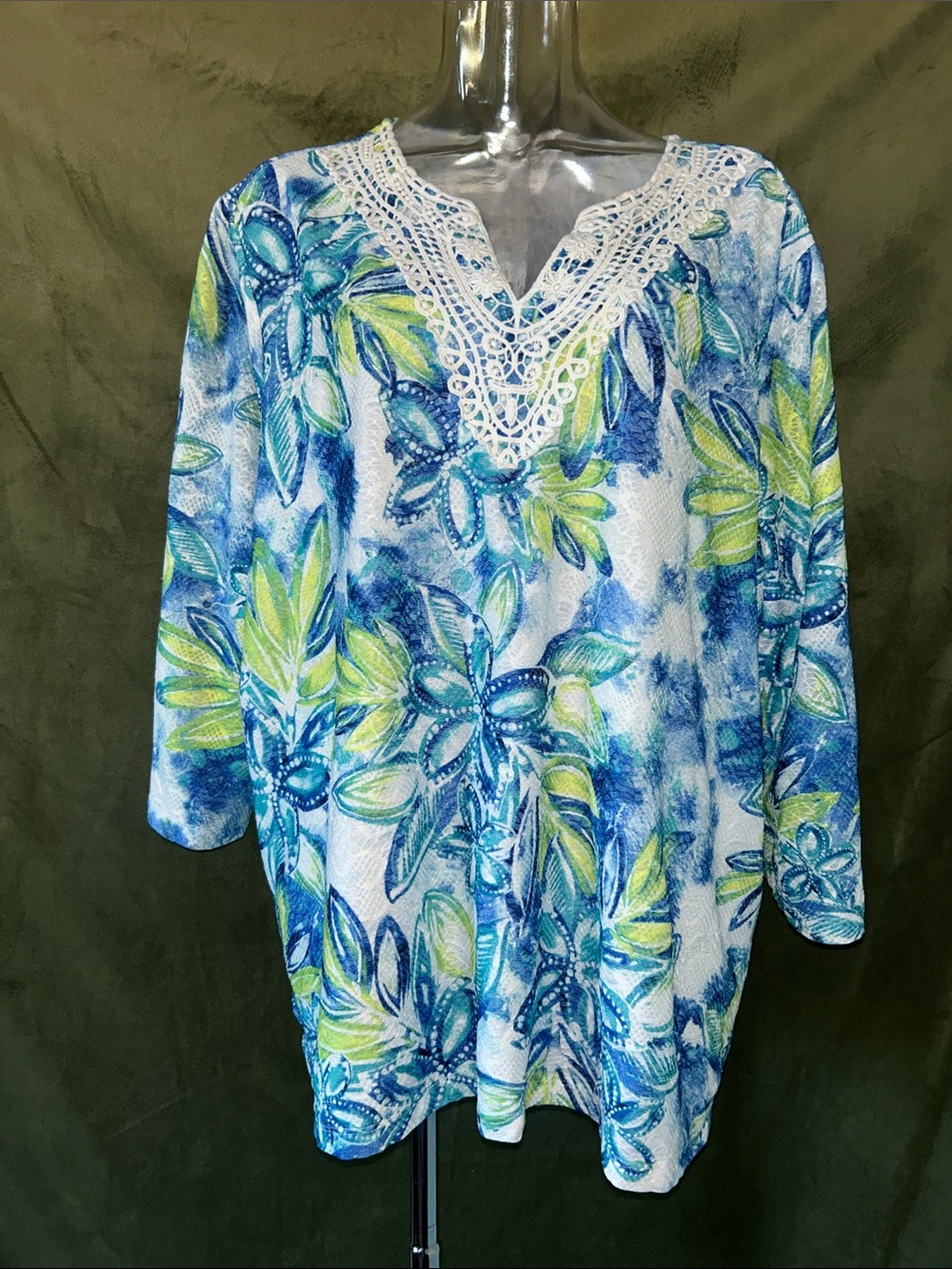 Alfred Dunner Blue & Green Floral Crochet V-Neck Tunic